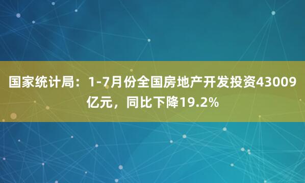 国家统计局：1-7月份全国房地产开发投资43009亿元，同比下降19.2%